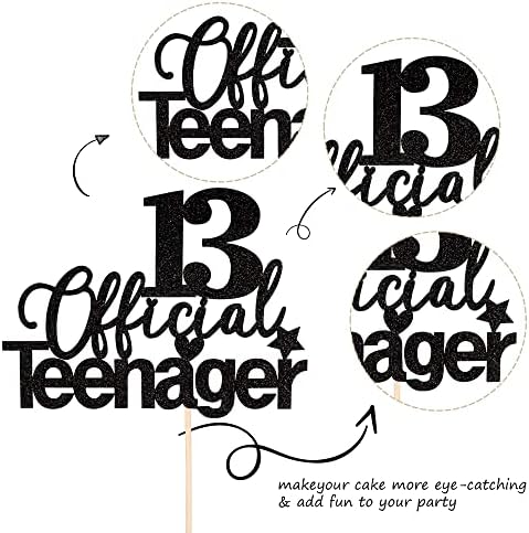 1 PCS 13 Official Teenager Cake Topper Glitter 13th Birthday Cake Pick Decorations for Teen 13th Birthday Party Supplies Black