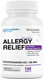 Puregen Labs Allergy Relief, Fexofenadine 180mg, 100 Tablets – 24 Hour Non-Drowsy Antihistamine Allergy Medicine for Runny Nose, Sneezing, Itchy, Watery Eyes
