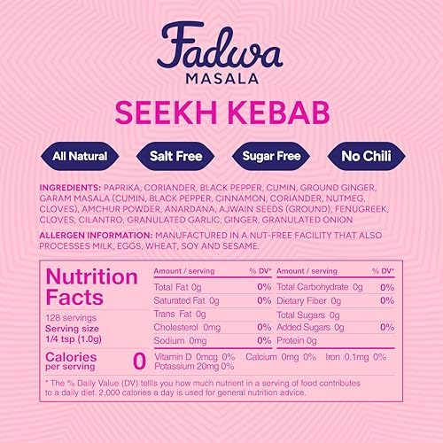 Fadwa Masala Seekh Kebab Spice Mix - 4.5 oz Jar, Salt & Sugar Free, Non-Spicy Authentic Desi Spices for Pakistani & Indian Cooking, Curry, Garam Masala - No Artificial Ingredients - Gluten Free