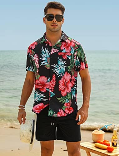 EISHOPEER Men's Flower Shirt Hawaiian Sets Casual Button Down Short Sleeve Shirt and Solid Quick Dry Beach Shorts S-3XL