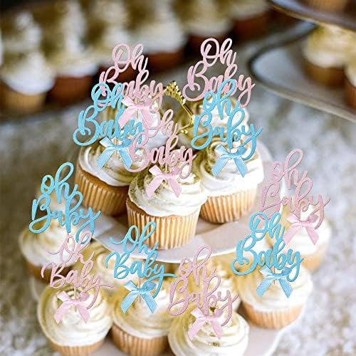 Rsstarxi 24 Pack Oh Baby Cupcake Toppers Pink Blue Bow Glitter Baby Shower Cupcake Picks Gender Reveal Cupcake Topper Decoration for Baby Shower Kids Birthday Party Supplies