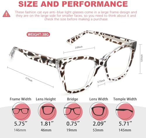Women's Oversized Blue Light Blocking Glasses, Cat Eye Computer Gaming Glasses Anti Eyestrain & UV Glare RF6217 (Leopard Cateye Frame)