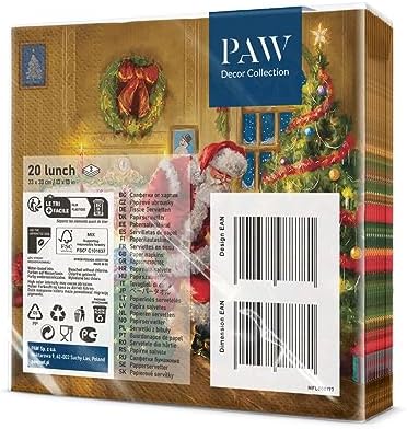 PAW - Paper Napkins 3 Ply (33 x 33 cm) I 20 Pieces I Printed with Water Based Ink I Christmas Decorations I Ideal for Christmas and Christmas Party - Coloured I Colour: Santa is Here