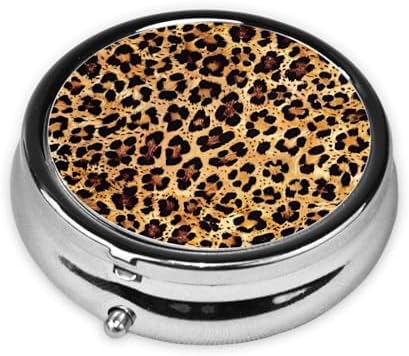 Cheetah Leopard Brown Print Round Metal Pill Box with 3 Compartment for Pocket or Purse Travel Bag Mini Small Size 2 inche