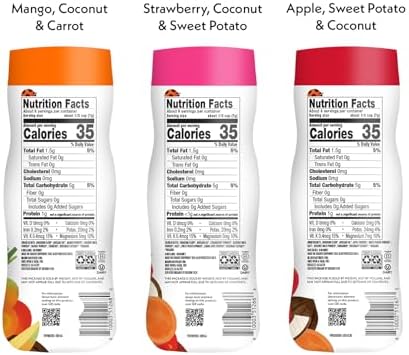 Once Upon a Farm Organic Fruit & Veggie Puffs Variety Pack, Apple Sweet Potato, Strawberry Sweet Potato, Mango Carrot, Coconut In All, Non-GMO, Puffed Sorghum Fruit & Veggie Snacks, 1.5oz