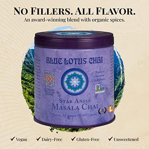 Blue Lotus Chai - Star Anise Masala Chai - Makes 100 Cups - 3 Ounce Masala Spiced Chai Powder with Organic Spices - Instant Indian Tea No Steeping - No Gluten