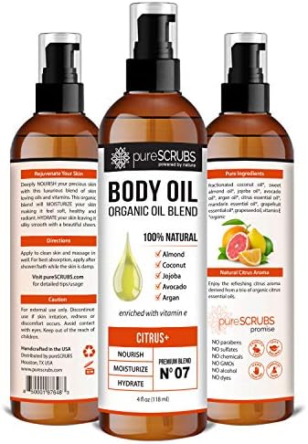 pureSCRUBS Ultra Moisturizing Citrus+ Body Oil Spray for Dry Skin, Massage, Cuticles & More Organic Super Blend of Jojoba, Argan, Coconut, Sweet Almond & Avocado Oils Enriched with Vitamin E, Lg 4oz