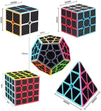Roxenda Speed Cube Set, [5 Pack] Magic Cube Bundle of 2x2 3x3 4x4 Megaminx Cube and Pyramid Cube Smoothly Carbon Fiber Sticker Speed Cubes Collection for Kids Teens & Adults
