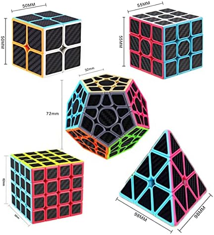 Roxenda Speed Cube Set, [5 Pack] Magic Cube Bundle of 2x2 3x3 4x4 Megaminx Cube and Pyramid Cube Smoothly Carbon Fiber Sticker Speed Cubes Collection for Kids Teens & Adults