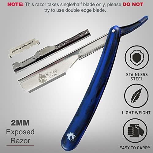 Professional Straight Razors For Men 2mm Exposed Blade Straight Edge Barber Razor Kit For Close Shaving - Beard Navajas Para Barbero Shavette 10 Shaving Blades By Krisp Beauty (Blue Marble Design)