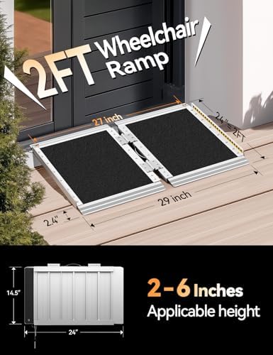 FACHNUO 2 Feet Portable Wheelchair Ramp, Non-Skid Aluminum Handicap Ramps with Handle, Folding Threshold Wheel Chair Ramp for Home Steps, Stairs, Entry, Doorways, Applicable Height 2-6 inches