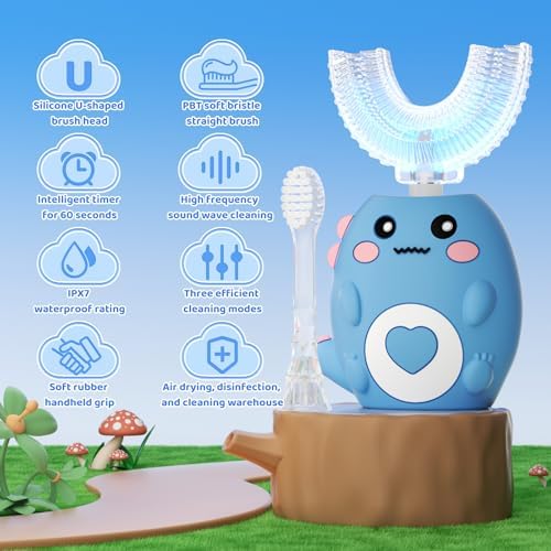 Kids U Shaped Electric Toothbrush, with 3 Cleaning Modes, with 4 Brush Heads, 360° Sonic Automatic Toothbrush, IPX7 Waterproof Cartoon Dinosaur Design (Ages 2-12)