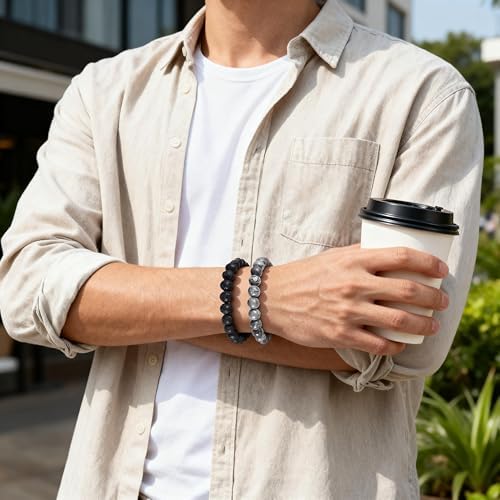 Caiyao 2Pcs Matte Lava Rock Volcanic Stone Beads Stretch Bracelet Stacking Essential Oil Diffuser Tiger Eye Seed Energy Yoga Bracelet for Men Women Couple Stress Relief Healing Aromatherapy Jewelry
