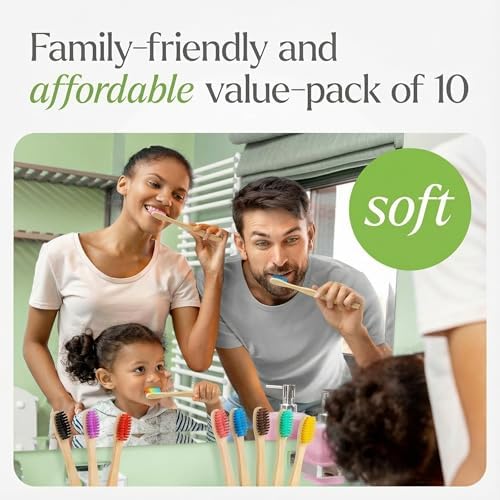 Bamboo Toothbrushes - 10 Pack Medium Adult Toothbrush Biodegradable Manual Toothbrushes Soft Bristle Natural Bamboo Tooth Brush Dental Eco Wood Toothbrush (Multicolour)
