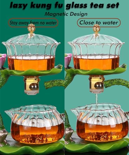 Lotus Flower Magnetic Teapot Set,Magnetic Kung Fu Tea Set,Lazy Kung Fu Glass Tea Set,Semi Automatic Glass Teapot Set,For Brewing Loose and Flower Teas At Home and Office