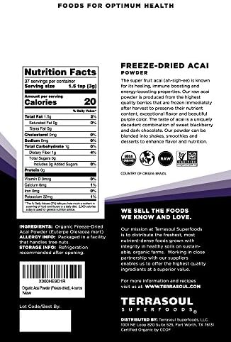 Terrasoul Superfoods Organic Acai Berry Powder, 4 Oz, Freeze-Dried for Freshness, Omega Fats Boost for Smoothie Bowls, and Antioxidant-Packed Superfoods Recipes