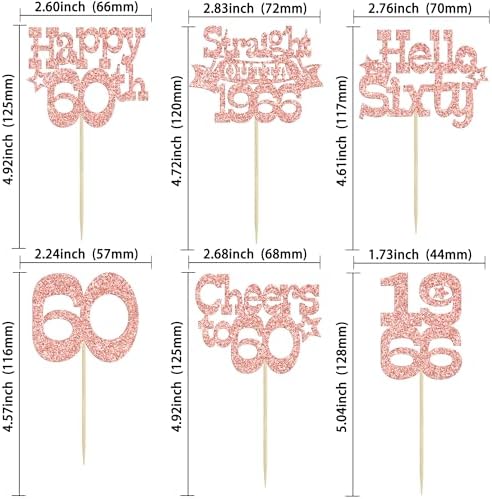 Ephlyn 30Pcs Happy 60th Birthday Cupcake Toppers Glitter Sixty Straight Outta 1966 Cupcake Picks Cheers to 60 Years Cake Decorations for Happy 60th Birthday Anniversary Party Supplies Rose Gold