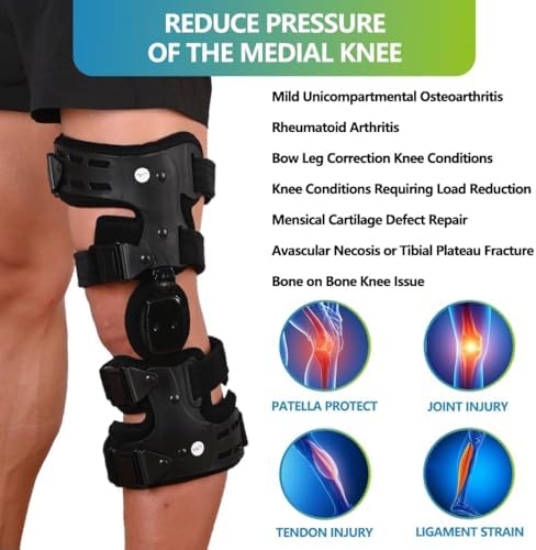 Komzer OA Unloader Knee Brace - Adjustable 3-Point Medial/Lateral Offloading Support for Osteoarthritis Pain, Bone-on-Bone Joint Degeneration & Recovery, ROM Control, Universal Fit for Men & Women, Black, Right