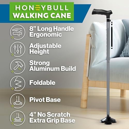 HONEYBULL Walking Cane for Men & Women Foldable, Adjustable, Heavy Duty, Free Standing, All Terrain, Collapsible Walking Sticks for Seniors & Adults (Gray)