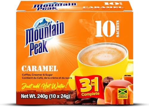 Jamaica Mountain Peak Caramel 3 in 1 Instant Coffee Mix, Coffee Creamer and Cane Sugar (10 Sachets x 24g), Rich Caramel Flavor, Smooth and Creamy, Just Add Water