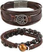 HZMAN Genuine Leather Tree of life Bracelets Men Women, Tiger Eye Natural Stone Lava Rock Beads Ethnic Tribal Elastic Bracelets Wristbands