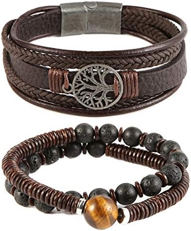 HZMAN Genuine Leather Tree of life Bracelets Men Women, Tiger Eye Natural Stone Lava Rock Beads Ethnic Tribal Elastic Bracelets Wristbands