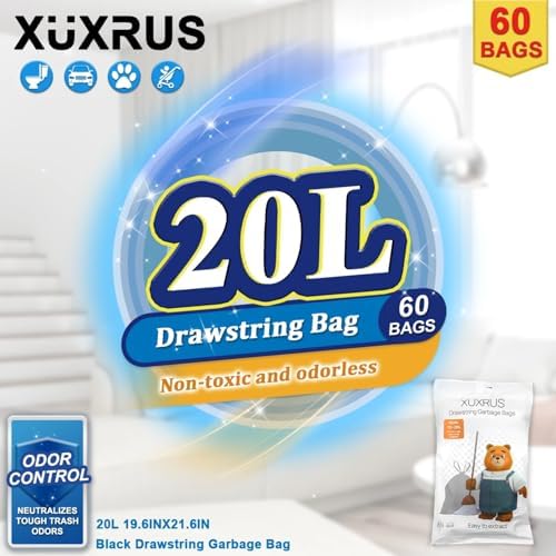 XUXRUS Small Black Bathroom Trash Bags 4 Gallon Drawstring Garbage Bags Unscented, Strong & Durable, Easy-Dispense, 60 Count Heavy Duty Garbage Bags for Bathroom Trash Can