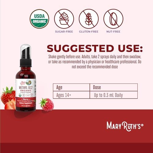 MARYRUTH'S Organic Methyl B12 Spray | 1,500 mcg B12 Per Serving | Methylcobalamin | Energy Metabolism | Cognitive Function | Neuro Health | Vegan | Gluten Free | Sugar Free | 1 Fl Oz