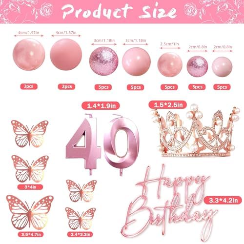 40th Birthday Cake Topper Set, Rose Gold Balls Cake Toppers with Happy Birthday Crown Tiara, Numeral 40 Candle and Birthday Candles for 40 Birthday Party Decorations (40th)