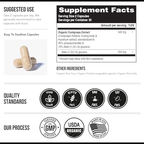 Organic Cordyceps Mushroom Extract - 70% Beta Glucans - Highest Active Nutrient Levels, Max Potency Cordyceps Capsules, US Grown + Ultrasonic Extraction - Performance, Immunity & Energy - 60 Capsules