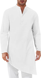 Runcati Mens Kaftan Robe Thobe Cotton Long Sleeve Henley Shirt Casual Muslim Gown Kurta Tops