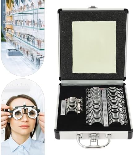 68PCS Optical Trial Lens Set Kit, Metal Rim Aluminum Optometry Kit Case Box Trial Frame, Ophthalmology Optometry Kit Trial Frame Optometry Optician Eye Test Glasses Ophthalmic Lenses, Black
