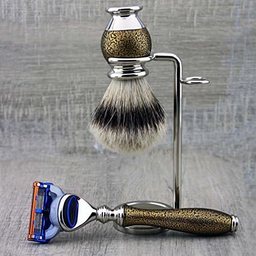 4 Pc Mens Shaving Kit 5 Edge Razor With Silver Tip Badger Hair Shaving Brush, Stand and Alum Perfect Set For Men