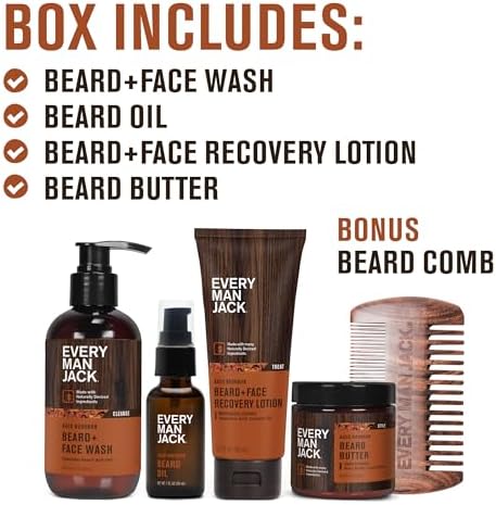 Every Man Jack Beard Essentials Gift Set for Men – Complete Routine with 5 Full-Size Essentials – Aged Bourbon Scent - Beard & Face Wash, Lotion, Oil, Butter & Comb