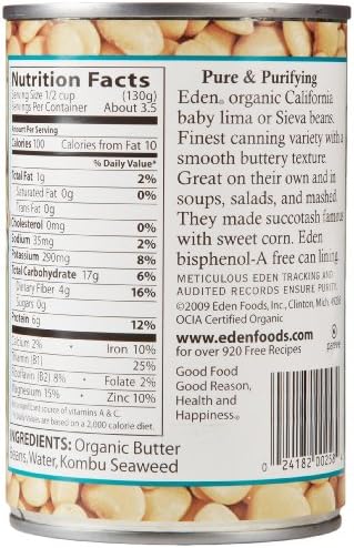 Eden Organic Organic Butter Beans, 15 oz Can, No Salt, Non-GMO, Gluten Free, Vegan, Kosher, U.S. Grown, Heat and Serve, No Preservative, Macrobiotic, Baby Lima Beans (Pack of 5)