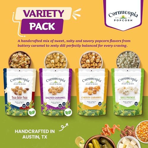 Cornucopia Popcorn Variety Pack – Gourmet Popcorn from Austin. Four Flavors: Salted Caramel, Cheesy Caramel, Butter Pecan & Dill Pickle. Handcrafted, Gluten-Free & Irresistibly Delicious 4-Bag Set