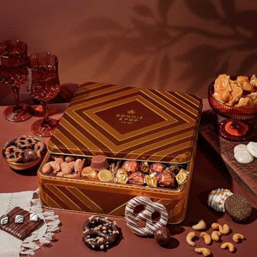 Chocolate Gift Basket– Snack Box with Covered Pretzels, Oreos, Nuts & Sweets – Gourmet Food Gift Tin for Mothers Day, Families, Men, Women, Clients- Bonnie and Pop