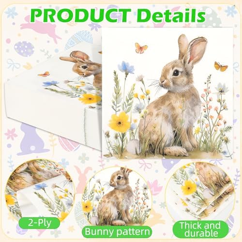 100Pcs Easter Bunny in Meadow Party Napkins Spring Floral Bunny Disposable Paper Napkin 6.5'' Flower Rabbit Beverage Napkins for Baby Shower Birthday Garden Tea Party Supplies