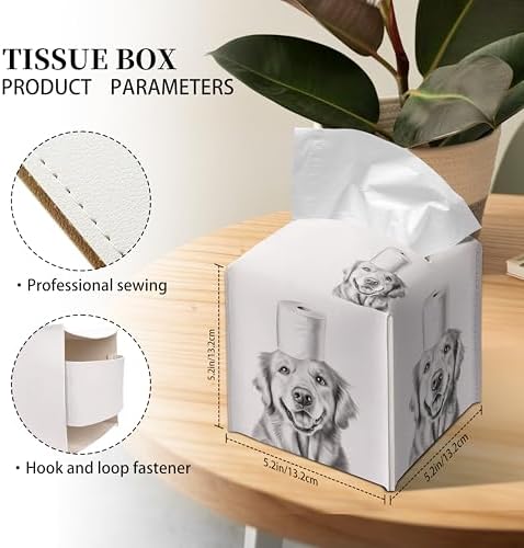 Grace Yonks Cute Golden Retriever Dog Tissue Box Cover Square, Toilet Paper Cube Case for Facial Tissues, 5.2" PU Leather(063)