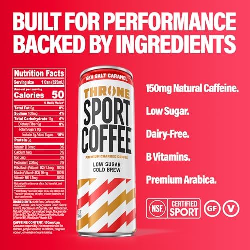 Throne Sport Coffee Cold Brew – Low Sugar. 150mg Natural Caffeine and B Vitamins – Dairy-Free, Low Calorie –Premium Arabica, NSF Certified Active Lifestyles – Sea Salt Caramel, 12 Pack