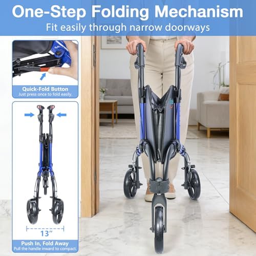 3 Wheel Walkers for Seniors with Bag and Hand Brakes, Lightweight Foldable Rollator with Swivel Front Wheel, Adjustable Height, Compact Mobility Aid for Elderly, Indoor Outdoor Use (Blue)