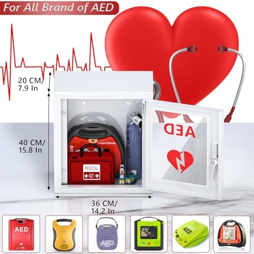 NLShan Wall-Mounted AED Cabinet, Metal Steel Plate Storage Cabinet with Snap Lock, Fits All Brands Cardiac Science, 14.2 x 7.8 x 15.7 Inch