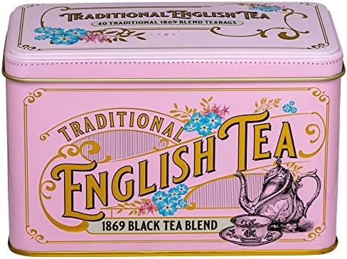 New English Teas Vintage Victorian Tea Tin with 40 Fine 1869 Blend English Teabags (Pink)