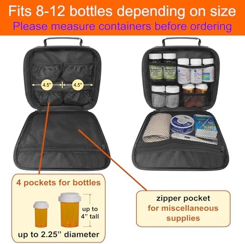 Medium Travel Pill Bottle Organizer, Slim Medicine Bag, Carrier for Medications and Medical Supplies - Black