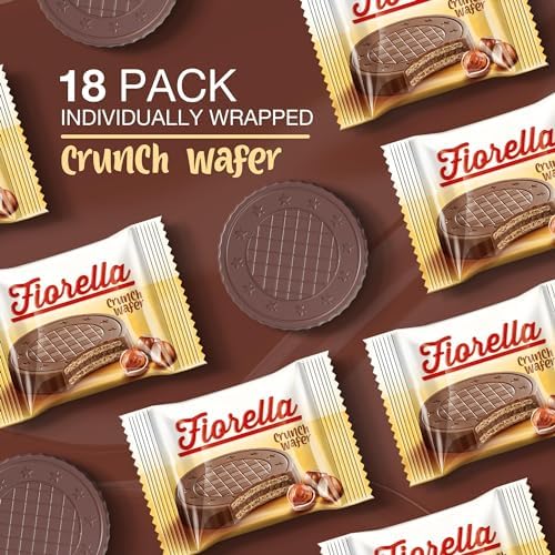 Fiorella Crunch Wafer Cookies - Delicious Chocolate Covered Crispy Thin Wafers with Layers of Hazelnut Cream Filling, Individually Wrapped, Perfect for Snacks, (Pack of 18)