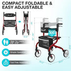 Super Lightweight Rollator Walker for Seniors, Foldable Rolling Walker with Seat and 8" Rubber Wheels for All Terrain, Unique Design Aluminium Frame Sturdy Walkers for Traveling - Red