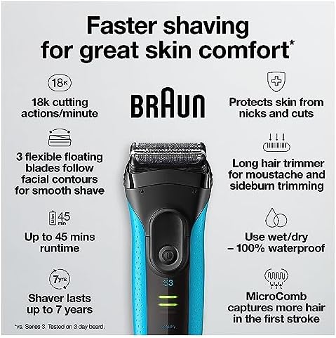 Braun Electric Series 3 Razor with Precision Trimmer, Rechargeable, Wet & Dry Foil Shaver for Men, Blue/Black, 4 Piece