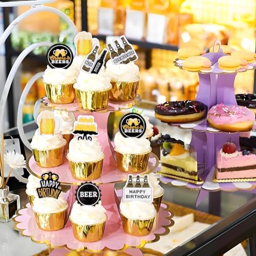 48PCS Edible Cheers Beers Cupcake Toppers Beer Mug Happy Birthday Cupcake Picks for Beer Festival Party Cheers To 30th 40th 50th 60th Birthday Cake Decorations Beers Party Supplies