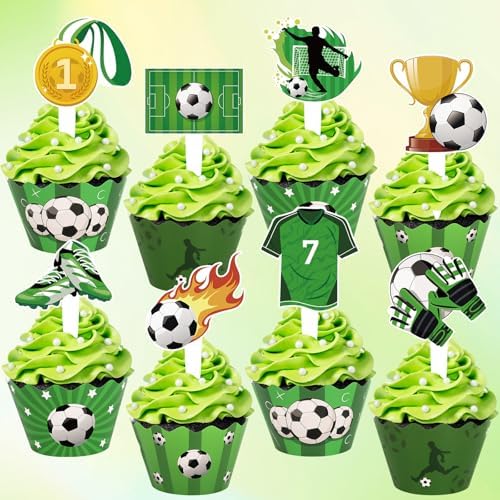 48 Pack Soccer Cupcake Toppers and Wrappers, Soccer Ball Party Cake Decoration for Sport Theme Birthday Party Baby Shower Supplies