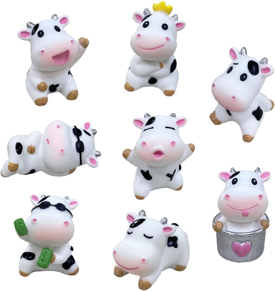 MAOMIA 8 Pcs Cow Figures for Kids, Animal Toys Set Cake Toppers, Cow Fairy Garden Miniature Figurines Collection Playset for Christmas Birthday Gift Desk Decoration